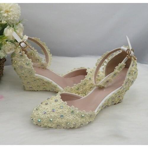 BaoYaFang Ivory Cream Flower Wedding Shoes Bride Wedges High heel Pumps fashion shoes Woman Shallow Open Beige Lace Shoe