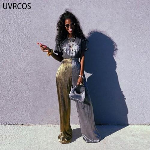 UVRCOS Fall Clothes For Women Wide Leg Pants Gold With Sliver Contrast Patchwork Low Waist Stretchy Hot Cyber Casual Streetwear