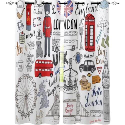 British London Culture Cartoon Doodle Window Treatments Window Curtain for Living Room Kids Room Bedroom Home Decor