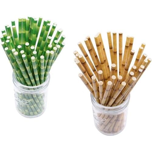 25pcs Green Brown Bamboo Pattern Paper Straws Juice Cocktail Drinking Straw for Wedding Birthday Bar Pub Jungle Party Supplies