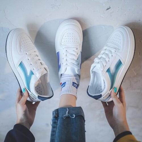 2021 Spring White Shoes Womens Leather Surface Lace-up Contrast Color Students' Street Shot Board Shoes Women