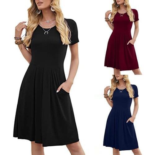 Womens Fashion Solid Color Pleated Loose With Pockets Round-neck Leisure Dress Ladies Fashion Plus Size Платье Summer Dress