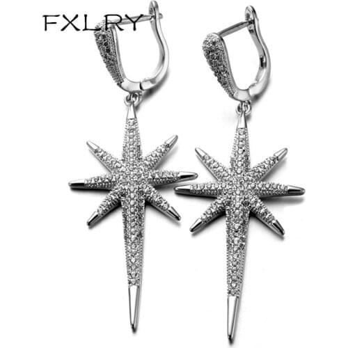 FXLRY Fashion Luxury White micro paved Inlay AAA Zircon M Word Earrings For Women Fashion JEWELRY Accessories