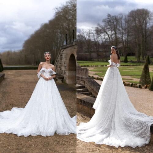 2021 Wedding Dresses Sexy Off Shoulder Open Back Bridal Gowns Custom Made Appliques Beads Lace Sweep Train A-Line Wedding Dress