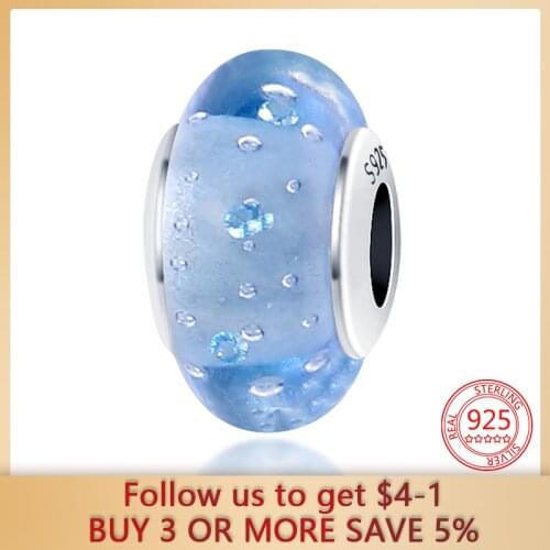 100% 925 Sterling Silver Light Blue Bubble Glass Bangle Beads Fit Original Pandora Women Bracelet Birthday Festival Jewelry Gift