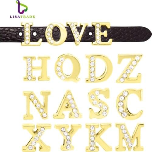 1300PCS 8MM Half Rhinestone Gold Slide Letters fashion jewelry Fit 8mm Wristband Pet Collar Name LSSL35*1300
