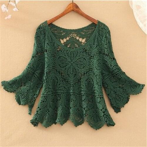 2021 Korean fashion lace tops Small coat female crochet hollow five-point sleeve top sweater o neck knitted pullover