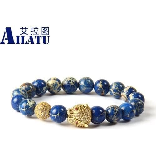 Ailatu Jewelry Wholesale 10pcs/lot 10mm Blue Sea Sediment Stone Beads with Micro Pave Cz Big Leopard Bracelets for Mens Gift