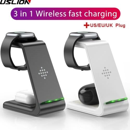 USLION 3 in 1 Wireless Charger Stand For iPhone 12 Pro Max Plus XS Fast Charging Induction Chargers For Apple Watch AirPods Pro