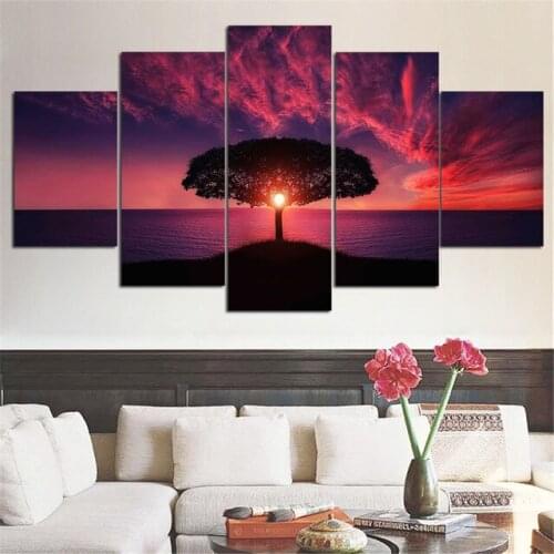 Tree Under Sunset Glow Landscape Modular Paintings On Wall Lagre Tree Wall Art Cuadros Decoracion Wall Pictures For Living Room