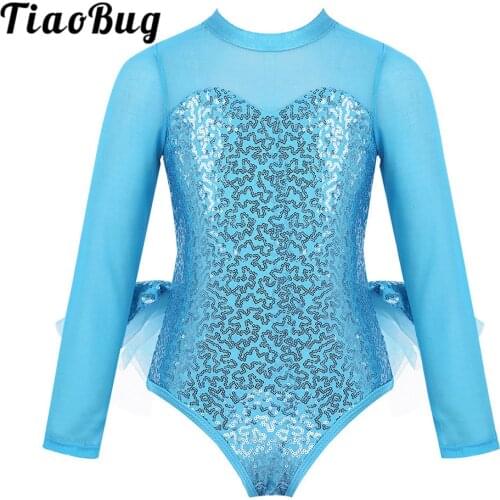 TiaoBug Kids Girls Tulle Long Sleeves Cutout Back Sparkly Sequins Tutu Ballet Dress Gymnastics Leotard Performance Dance Wear
