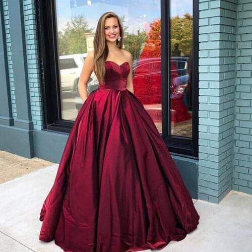 Burgundy Sweetheart Long Prom Dresses with Pockets A-line 2019 Simple Evening Party Dress Sweet 16 Dresses Wedding Party dresses