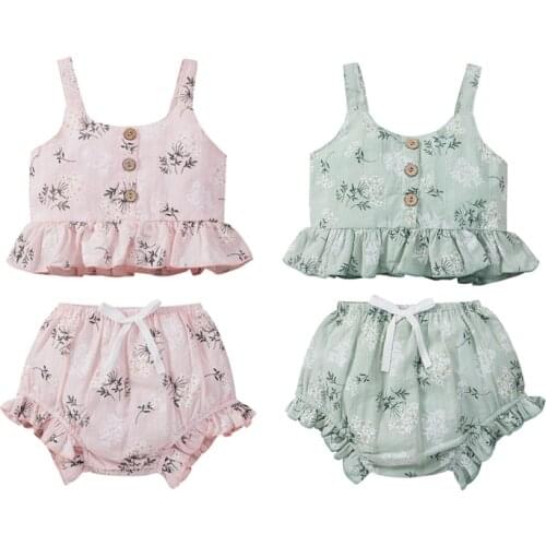 FOCUSNORM 0-5Y Summer Kids Girls Clothes Sets Flowers Printed Single Breasted Sleeveless Vest Shorts 2pcs