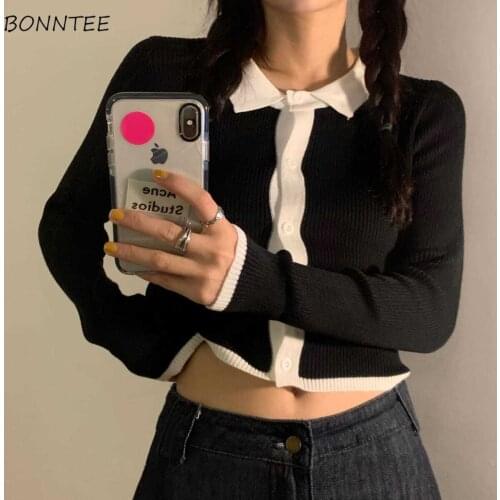 Cardigan Women Turn-down Collar Single Breasted Short Patchwork Sexy Chic Harajuku Slim Fit Trendy All-match Soft Spring Sweater