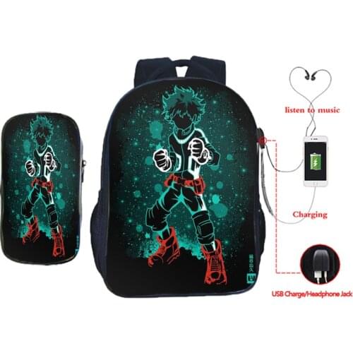 Cool My Hero Academia USB Backpack Students Deku School Bag Boys Girls Shouto Bookbag Rucksack Gift (2pcs Set/backpack+pen Bag)