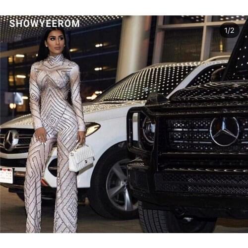 Fashion Lace Perspective Rhinestones Jumpsuit Sexy Flashing Shining Birthday Party Costume Celebrate wear