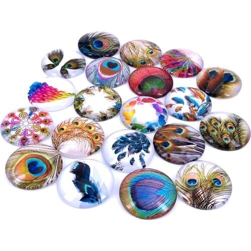 40pcs/lot 10mm 12mm 14mm 16mm Round Feather Plume Pattern Glass Cabochon for DIY Jewelry Making Findings & Components T015
