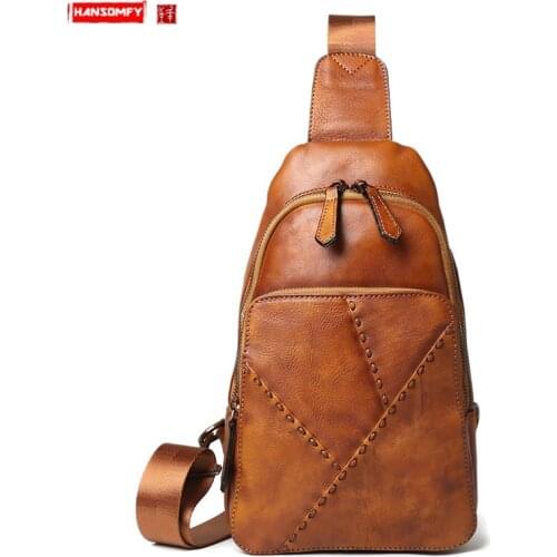 Genuine Leather Mens Chest Bag Cowhide Men Bag Casual Messenger Bag Fashion Shoulder Bag Retro Korean Version Small Vintage
