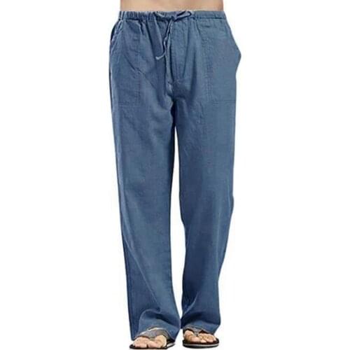 Men Long Pants Loose Pocket with Drawstring Fashion Solid Color Trouser Linen Multi Pocket Straight Casual High-Quality 4 Color