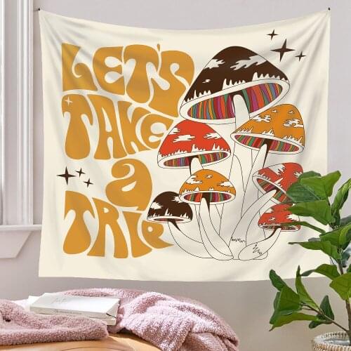 Nordic Sychedelic Mushroom Tapestry Wall Decor Girls Boho Dorm Room Wall Hanging Aesthetic Lets Take a Try Quotes Wall Cloth