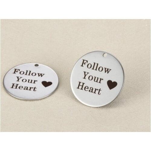 20pcs/lot 25mm New design Engraved stainless steel charms - Follow your heart Steel Letter Charm