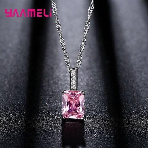 Pink Purple Blue Cubic Zirconia Stone Pendants Necklaces For Women 925 Sterling Silver Long Chain Female Choker Fashion Jewelry