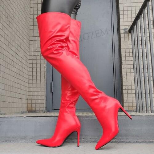DOHBANER Women Over Knee Boots Faux Leather Thigh High Pointed Toe Stiletto Heels Female Ladies Shoes Woman Large Size 44 46 47