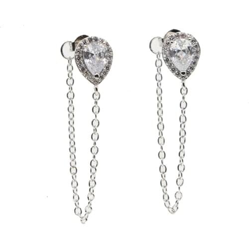 Silver color top quality sparking bling tear drop tassel chain front back fashion women gift jewelry nice stunning chain earring