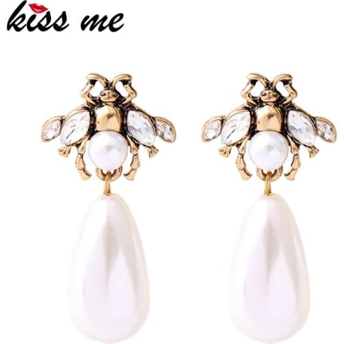 Kissme Delicate Crystal Imitation Pearl Insect Drop Earrings Classic Brand Design Cute Bee Earrings For Women Fashion Jewelry