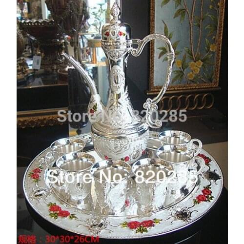 New Arrival modern 12" metal wine/tea/coffee set, 6 cups and 1 pot and 1 plate