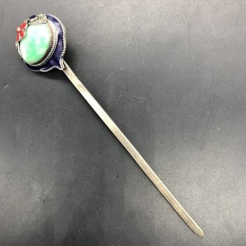 Old fashioned hairpin, Cloisonne emerald hairpin, Exquisite handicraft jewelry