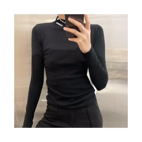 115568 Autumn New Fashion Classic Brand Luxury Design Half High Collar Slim Letter Printed Long Sleeve T-shirt Shirt Women J1