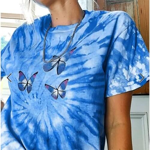 Butterfly Printing Blue Tie Dye Loose Graphic Tees Women Harajuku Shirt Tops O Neck Short Sleeve Casual Tshirts Summer 2021 New