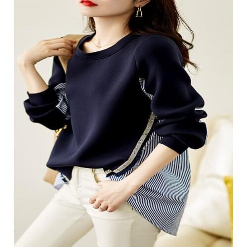 2021 Autumn New Fashion Temperament Age-reducing Shirt Back Single-breasted Air Cotton Striped Stitching Shirt Sweater DK1451