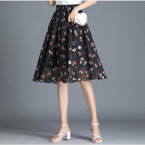 Zuolunouba Summer Retro Women Skirt Print Harajuku Crushed Flower Lady Skirt Elastic High Waist Chiffon Middle Skirt Female