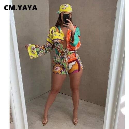 CM.YAYA Women Set Bandanna Paisley Print Full Flare Sleeve Single Breasted Tops and Shorts Two 2 Piece Sets Fashion Outfit Fall