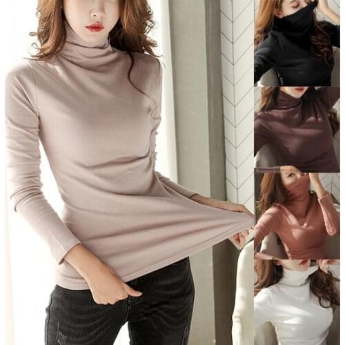 Women Autumn Long Sleeve Pullover Solid Tops TurtleNeck Shirts Casual Basic Slim Fit Blouse Stretch Comfortable Top