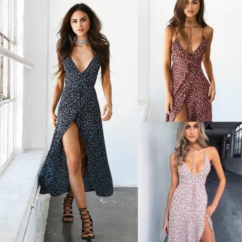 Casual Bohemian Women Dress Summer 2020 Sexy Boho Dresses Maxi Robe Floral Spaghetti Strap Dot Printed Backless Beach Long Dress