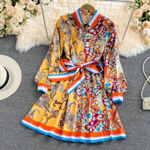 Women Dress Retro Printed Ladies Elegant Dress High Waist Casual Sashes Knee-Length Turn-down Collar Floral Dresses for Woman
