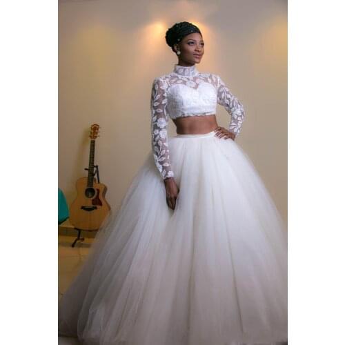 African Black Girls Two Pieces Wedding Dresses High Neck Sheer Long Sleeves Wedding Dress Tulle Skirt Appliques Beads Boho Brida