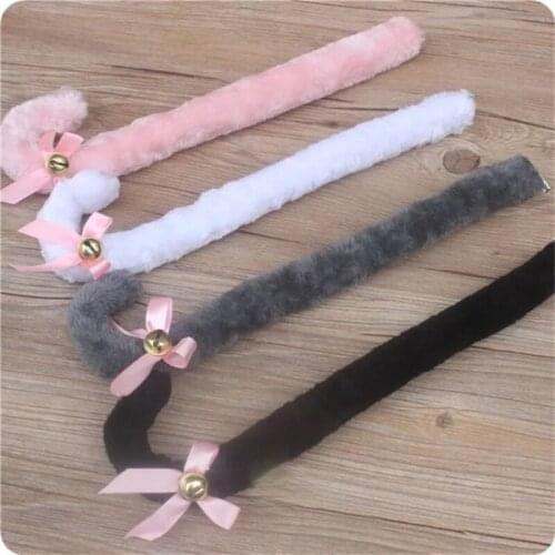 Adult Anime Accessories Lolita Cosplay Props Plush Long Cat Tail With Ribbon Bowknot Bell Masquerade Party Props