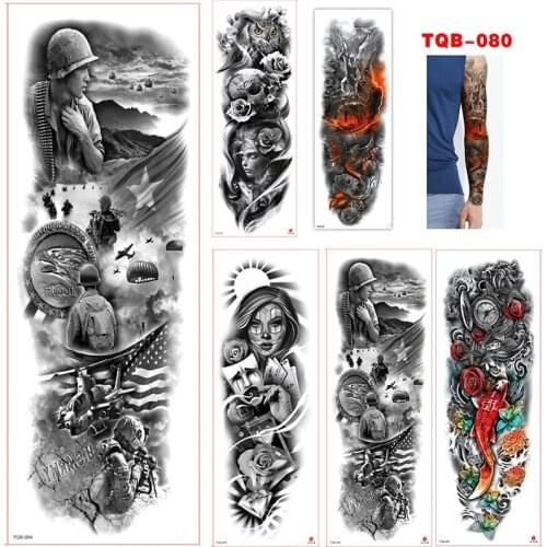 Large Arm Sleeve Tattoo War Soldier Waterproof Temporary Tattoo Sticker Full Rose Flower Tatoo Women MEN