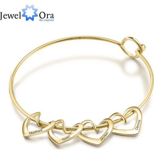 JewelOra Personalized Engraving Name Heart Charms Bracelets for Women Stainless Steel Customized Bangle DIY Jewelry Gift for Her