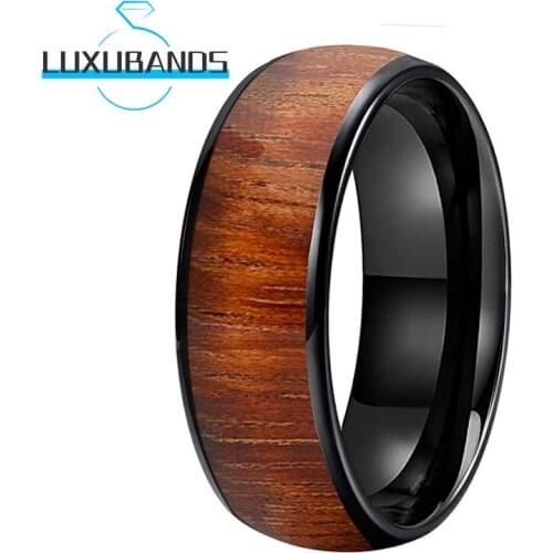 Black 8MM Tungsten Wedding Rings For Mens Womens Koa Wood Inlay Engagement Bands Polished Finished Comfort Fit