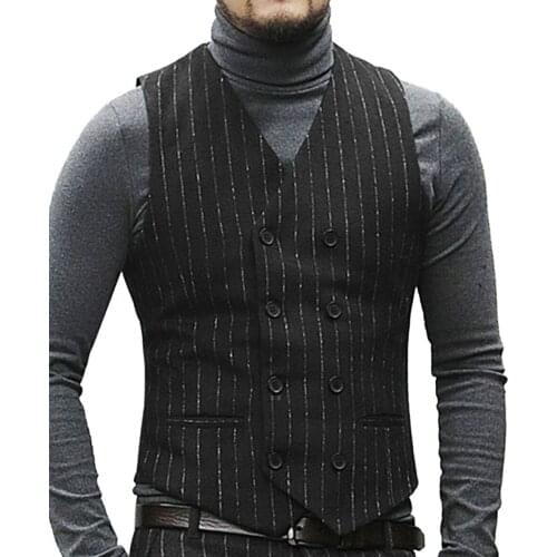 Formal Mens Casual Strip Vest V Neck Notch Waistcoat Casual Formal Double-breasted Business Vest Groomman For Wedding Vest