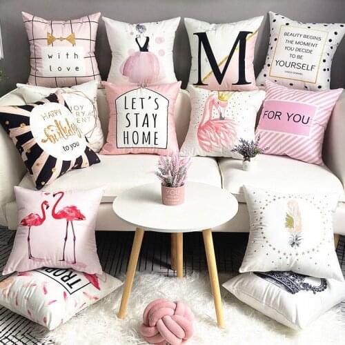 Nordic Pink Girls Geometry Polyester Plush Pillowcase Letters Pink Feather Super Soft Thick Sofa Pillow Cushion Cover Home Decor