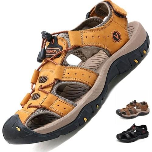 New Summer Genuine Leather Cowhide Mens Shoes Sandals Fashion Outdoor Casual Beach Slippers Plus Large Size 38-48 MS006