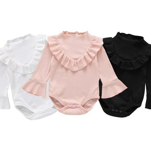 Newborn Infant Baby Boy Girls Solid Long Flare Sleeve Cotton Jumpsuit Bodysuit Clothes Casual Outfits 0-18M
