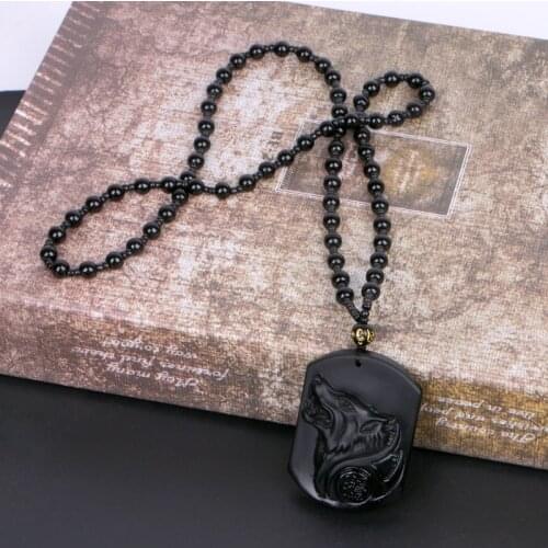 JAVRICK Black Obsidian Wolf Necklace Carving Wolf Head Amulet Pendant With Chain Obsidian Blessing Lucky Pendants Jewelry NEW