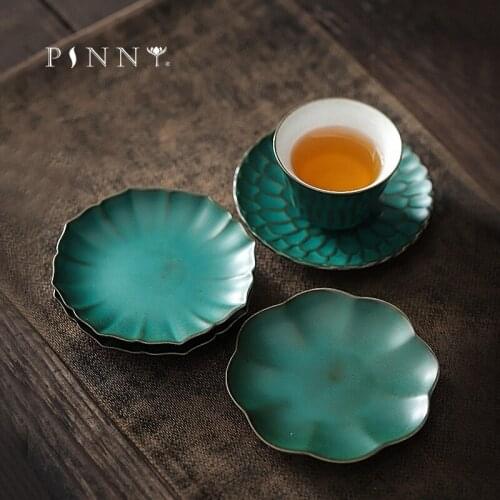 PINNY Retro Dark Green Glaze Tea Cup Saucers Ceramic Insulation Pad Pigmented Kung Fu Tea Accessories Heat Resistant Mat